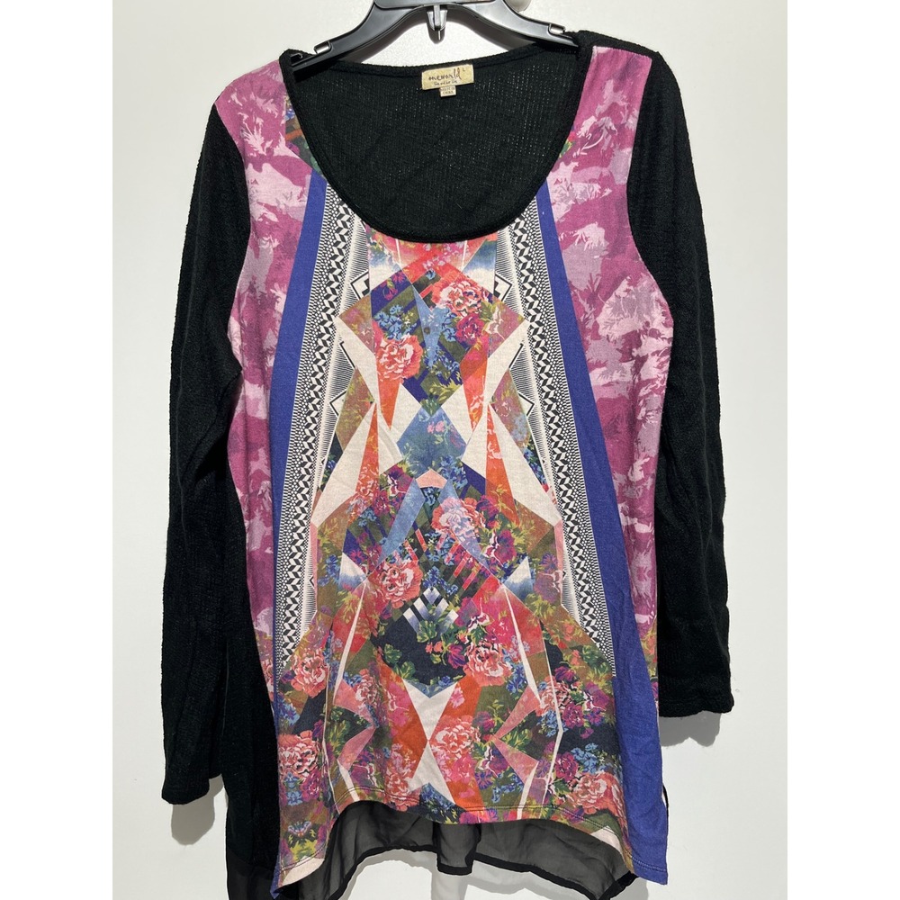 One World Live and Let Live Tunic Top Black Floral Geometric Print Chiffon L